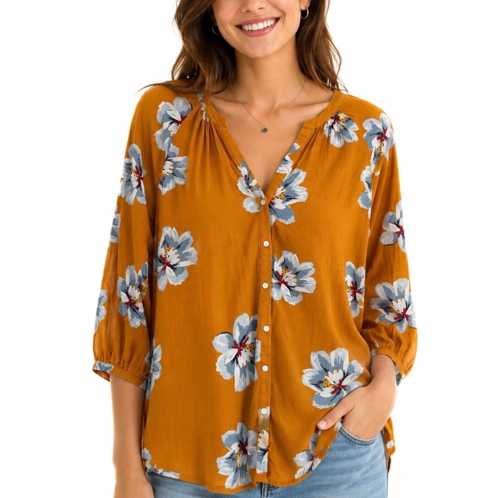 Old Navy Mustard Floral 100% Cotton Button Front Bohemian Peasant Blouse Size M